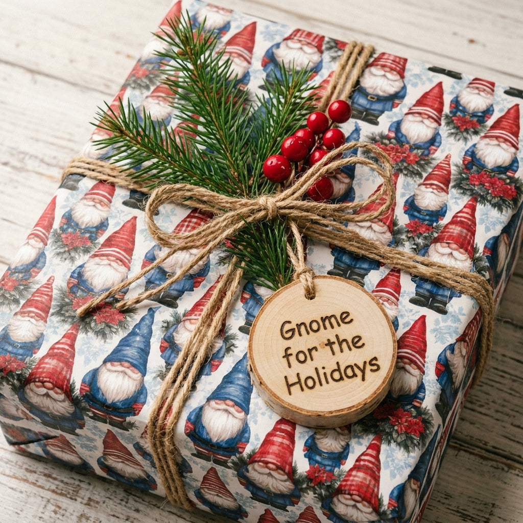 Gnome wrapping paper by Wrapped Studios on a Christmas gift tied with rustic twine, pine, and a wooden holiday tag.