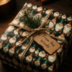 Vintage gnome Christmas wrapping paper by Wrapped Studios, tied with rustic twine and a pine sprig.
