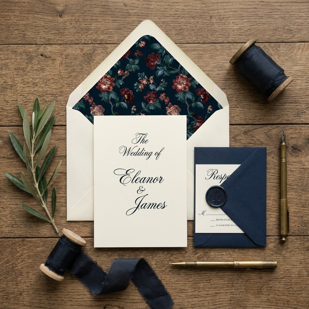 Elegant moody floral wedding invitation suite with navy ribbon on wood table by Wrapped Studios.