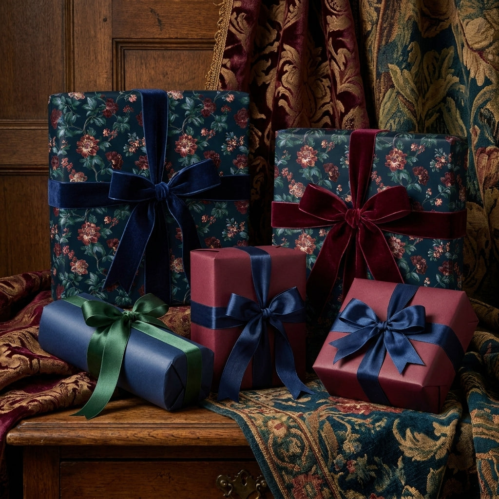 Luxury vintage floral wrapping paper on Christmas gift boxes with velvet bows by Wrapped Studios.
