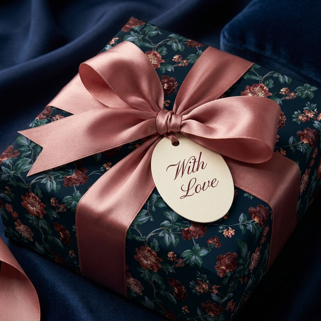 Luxury floral wrapping paper with dusty rose satin bow and "With Love" tag by Wrapped Studios.
