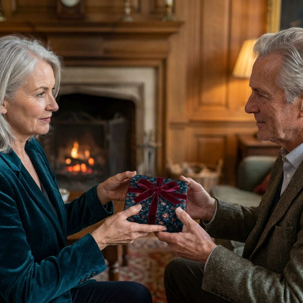 Senior couple exchanging gift in luxury vintage floral wrapping paper with velvet ribbon by Wrapped Studios.
