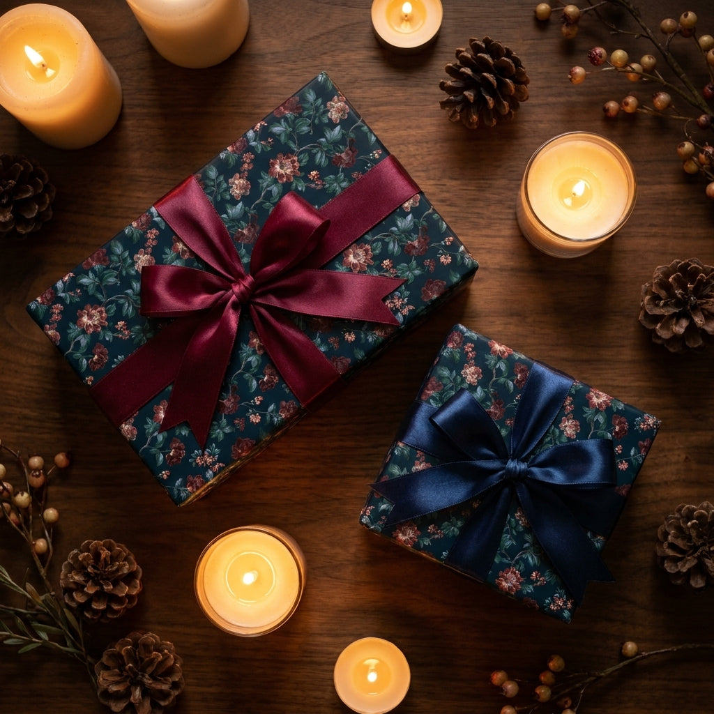 Vintage floral wrapping paper on luxury holiday gifts with satin bows and warm candles by Wrapped Studios.