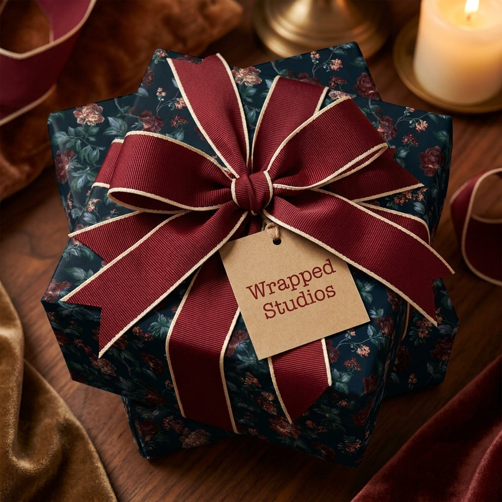 Luxury moody floral wrapping paper with a burgundy ribbon and gift tag by Wrapped Studios.