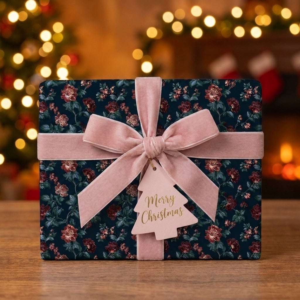 Luxury floral wrapping paper by Wrapped Studios on a Christmas present with a pink velvet bow.