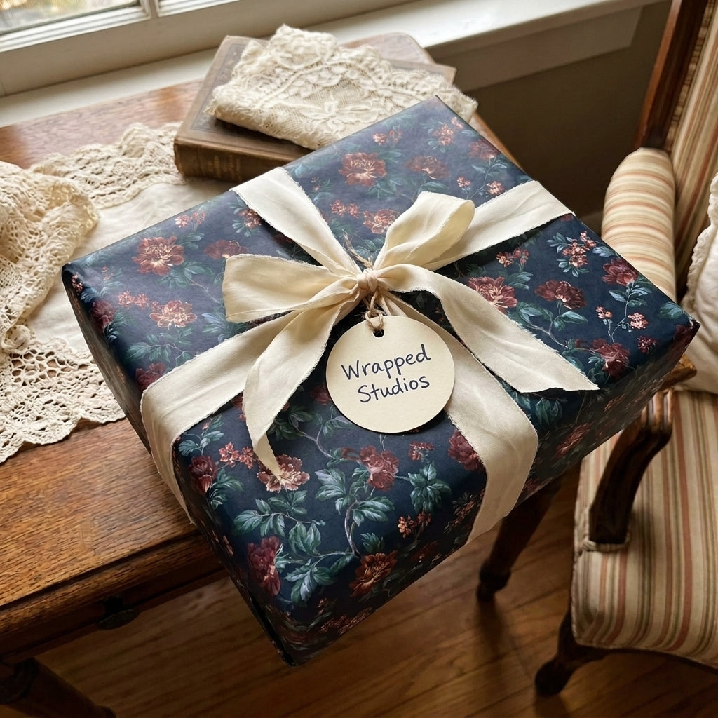 Moody vintage floral wrapping paper with a cream silk ribbon by Wrapped Studios.