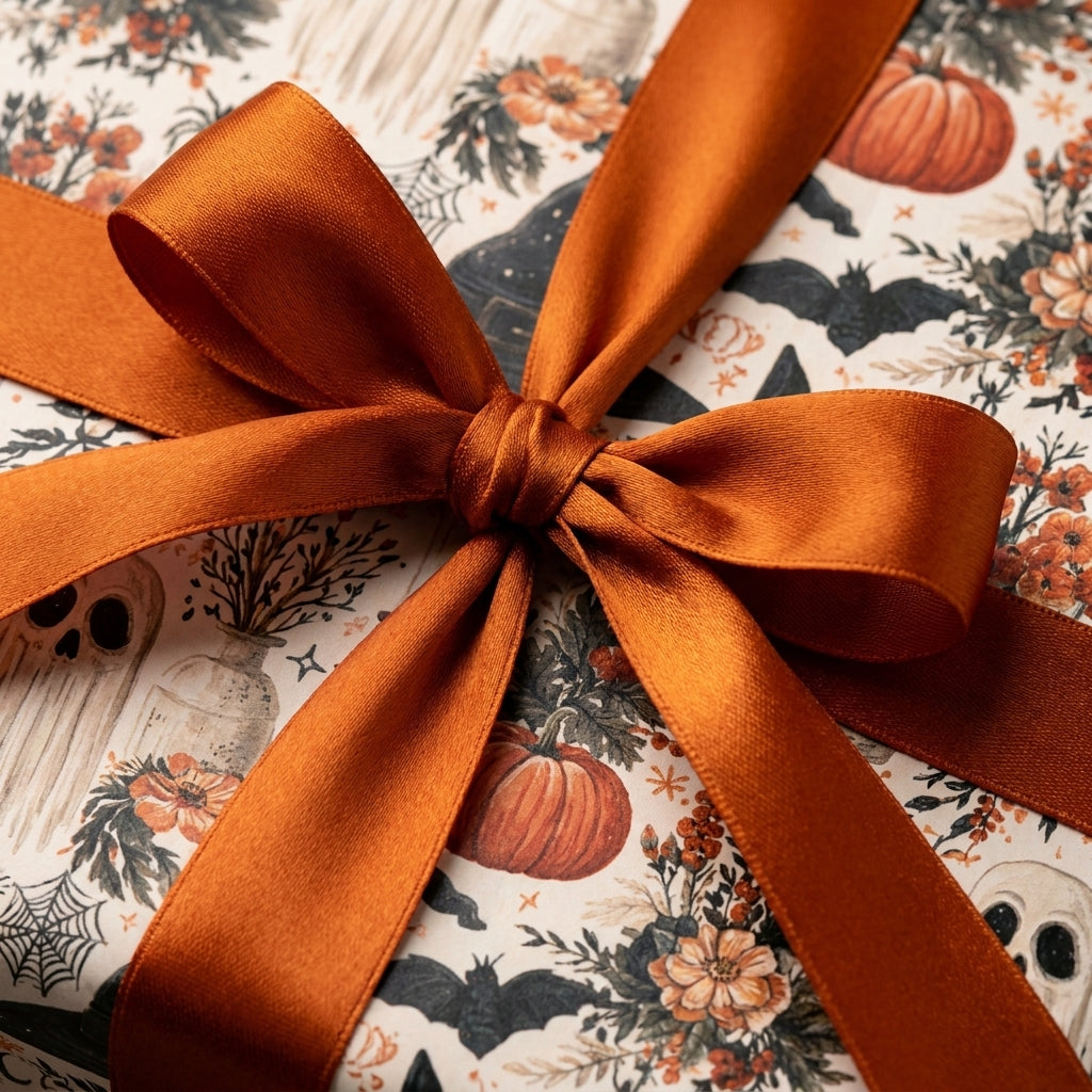 Vintage Halloween gift wrap with pumpkins and bats, tied with a burnt orange satin bow by Wrapped Studios.