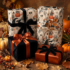 Vintage gothic Halloween wrapping paper with ghosts and pumpkins by Wrapped Studios.