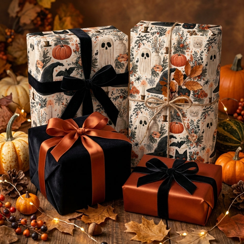 Vintage gothic Halloween wrapping paper with ghosts and pumpkins by Wrapped Studios.