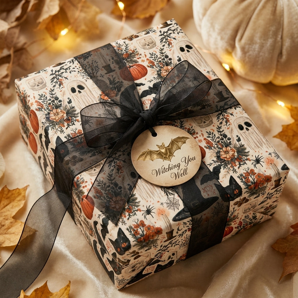Vintage Halloween wrapping paper by Wrapped Studios on a gift box with a black bow and 'Witching You Well' tag.