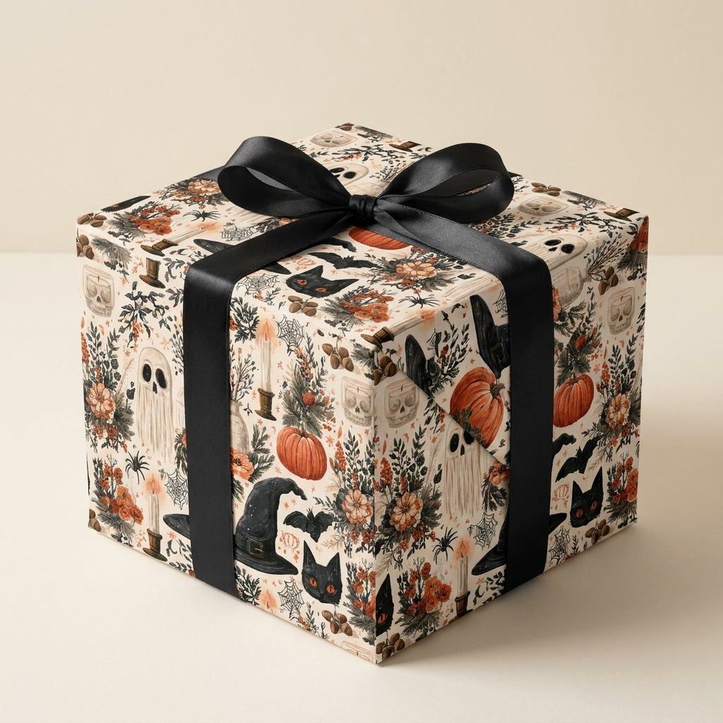 Spooky vintage Halloween wrapping paper with pumpkins and a black satin bow, from Wrapped Studios.