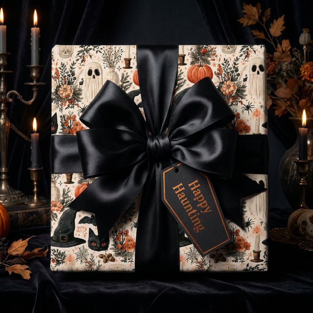 Spooky vintage Halloween wrapping paper with ghosts and a luxury black bow, by Wrapped Studios.