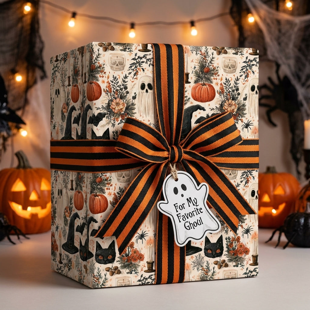 Vintage Halloween wrapping paper with ghosts and pumpkins, tied with striped ribbon by Wrapped Studios.