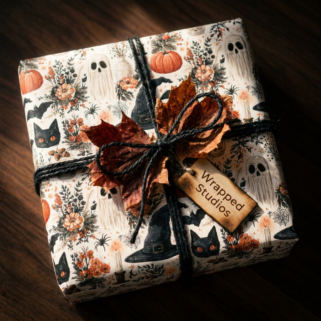 Vintage Halloween wrapping paper featuring ghosts and pumpkins, tied with twine and a Wrapped Studios tag.