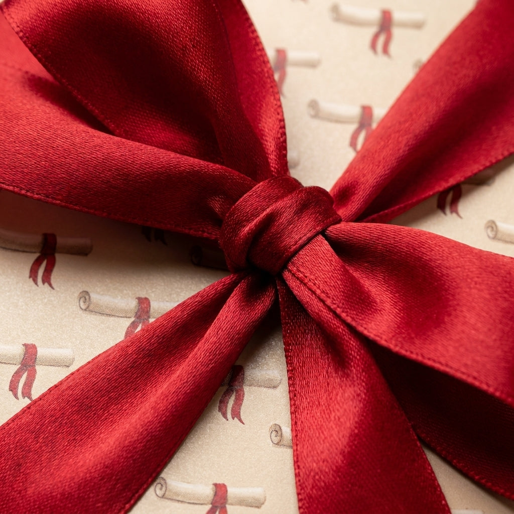 Graduation wrapping paper with diploma scroll pattern and elegant red satin bow by Wrapped Studios.