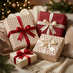 Elegant red and cream holiday gift wrap with satin bows on cozy Christmas presents by Wrapped Studios.