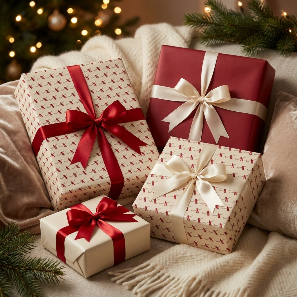 Elegant red and cream holiday gift wrap with satin bows on cozy Christmas presents by Wrapped Studios.
