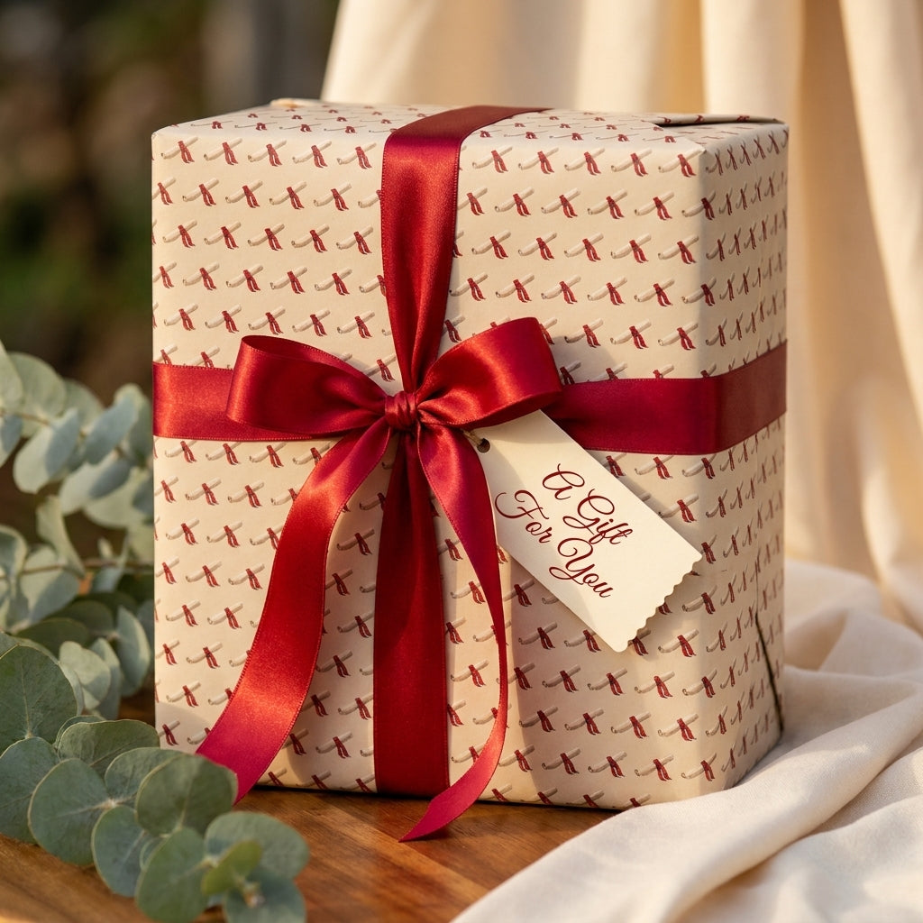 Elegant graduation wrapping paper with scroll pattern and red satin bow by Wrapped Studios.
