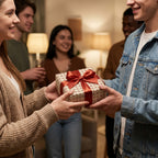 Friends exchanging a holiday gift in cream and red wrapping paper with a red satin bow, by Wrapped Studios.