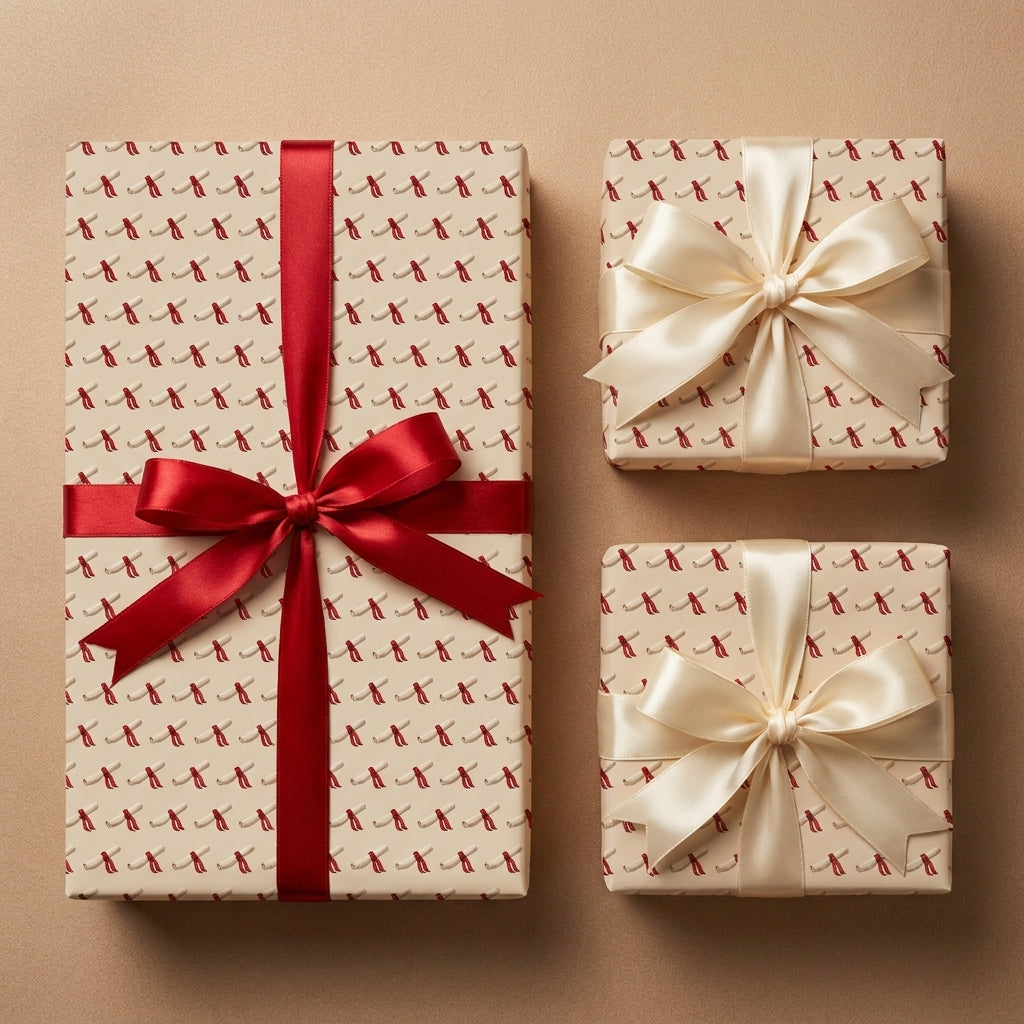 Graduation wrapping paper with diploma scroll pattern and elegant satin bows by Wrapped Studios.