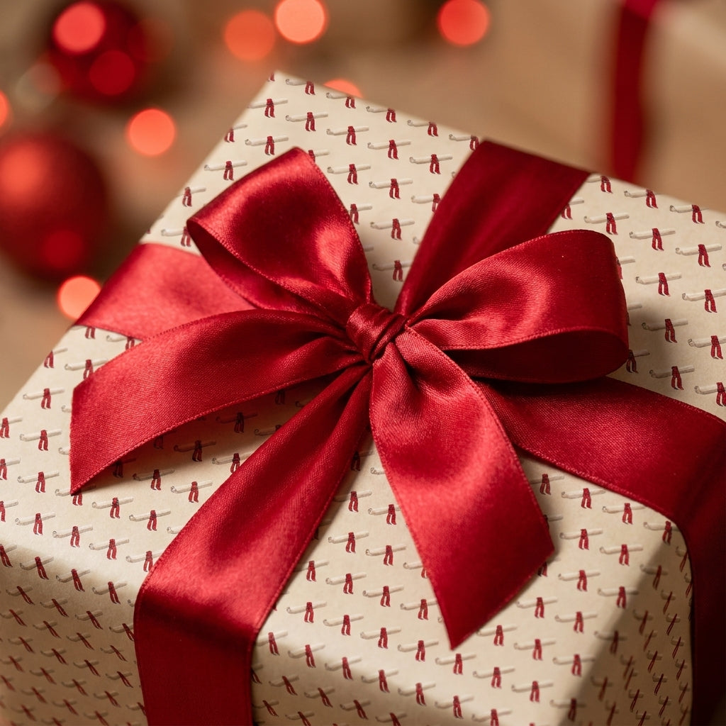 Luxury Christmas wrapping paper with a red satin bow and minimalist holiday pattern, by Wrapped Studios.