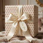 Luxury cream wrapping paper with elegant pattern, large satin bow, and gift tag by Wrapped Studios.
