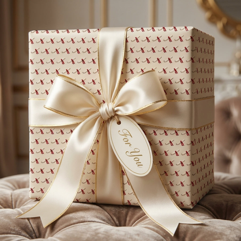 Luxury cream wrapping paper with elegant pattern, large satin bow, and gift tag by Wrapped Studios.