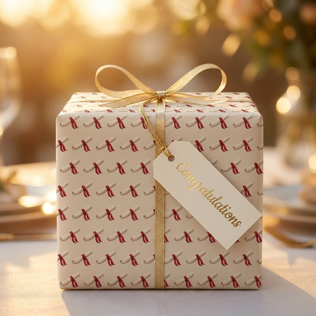 Graduation wrapping paper with diploma pattern, gold ribbon, and congratulations tag by Wrapped Studios.