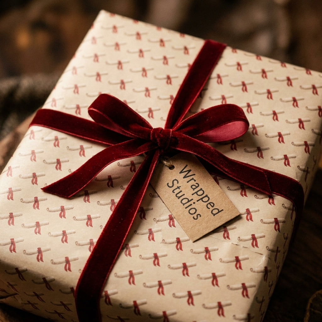 Luxury vintage wrapping paper with scroll pattern and red velvet bow by Wrapped Studios.