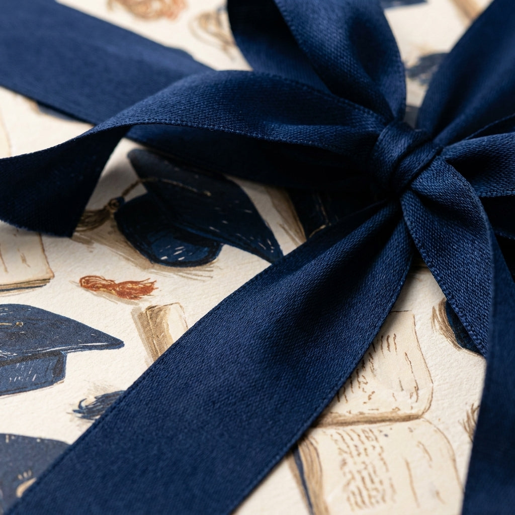 Graduation wrapping paper with a navy blue cap pattern and matching satin ribbon by Wrapped Studios.