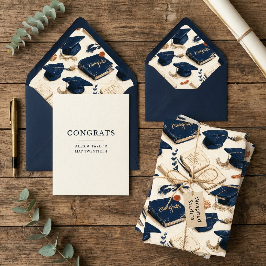 Navy blue graduation wrapping paper, matching card, and envelope set by Wrapped Studios.