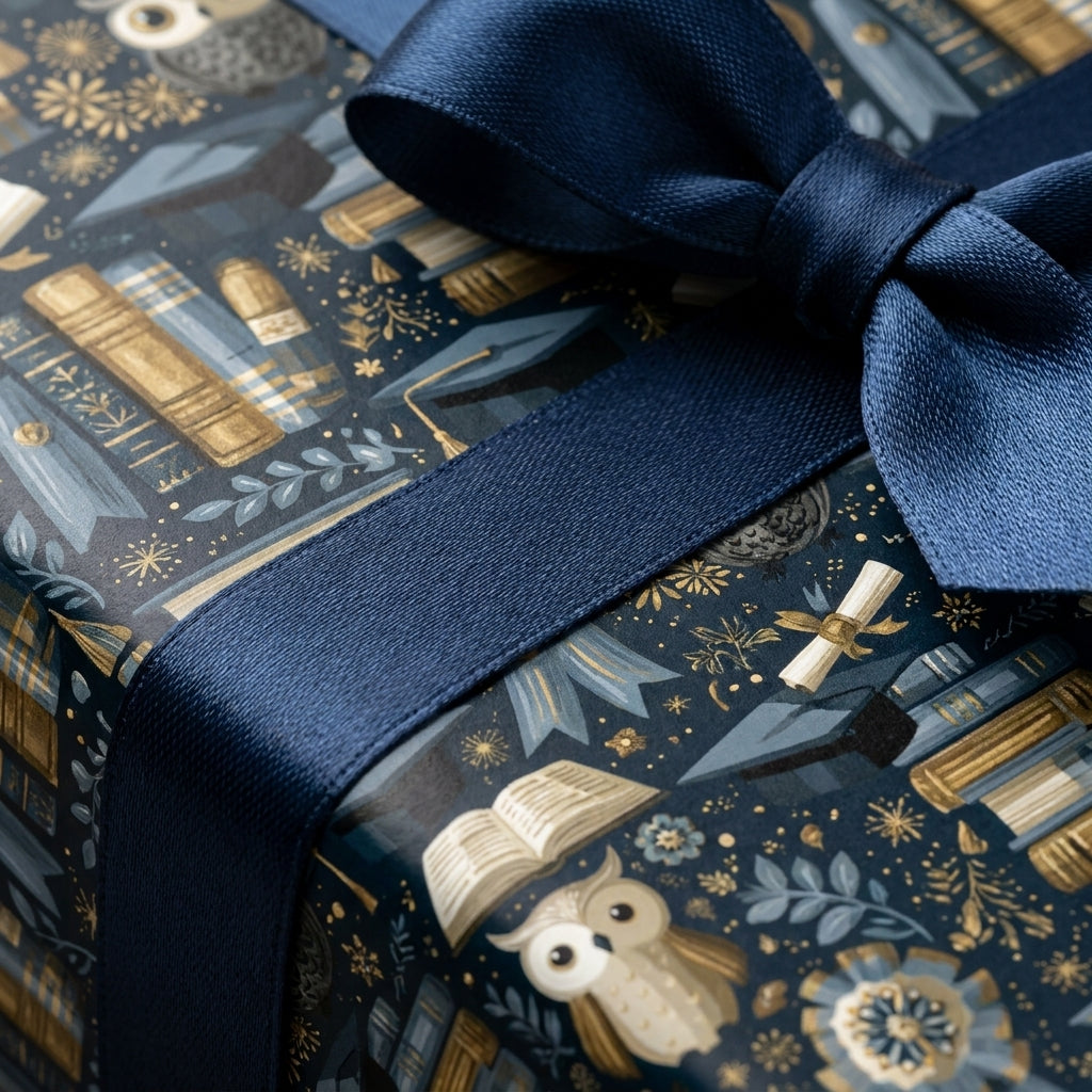 Luxury graduation gift wrap with navy blue ribbon featuring academic owls, books, and gold accents by Wrapped Studios.