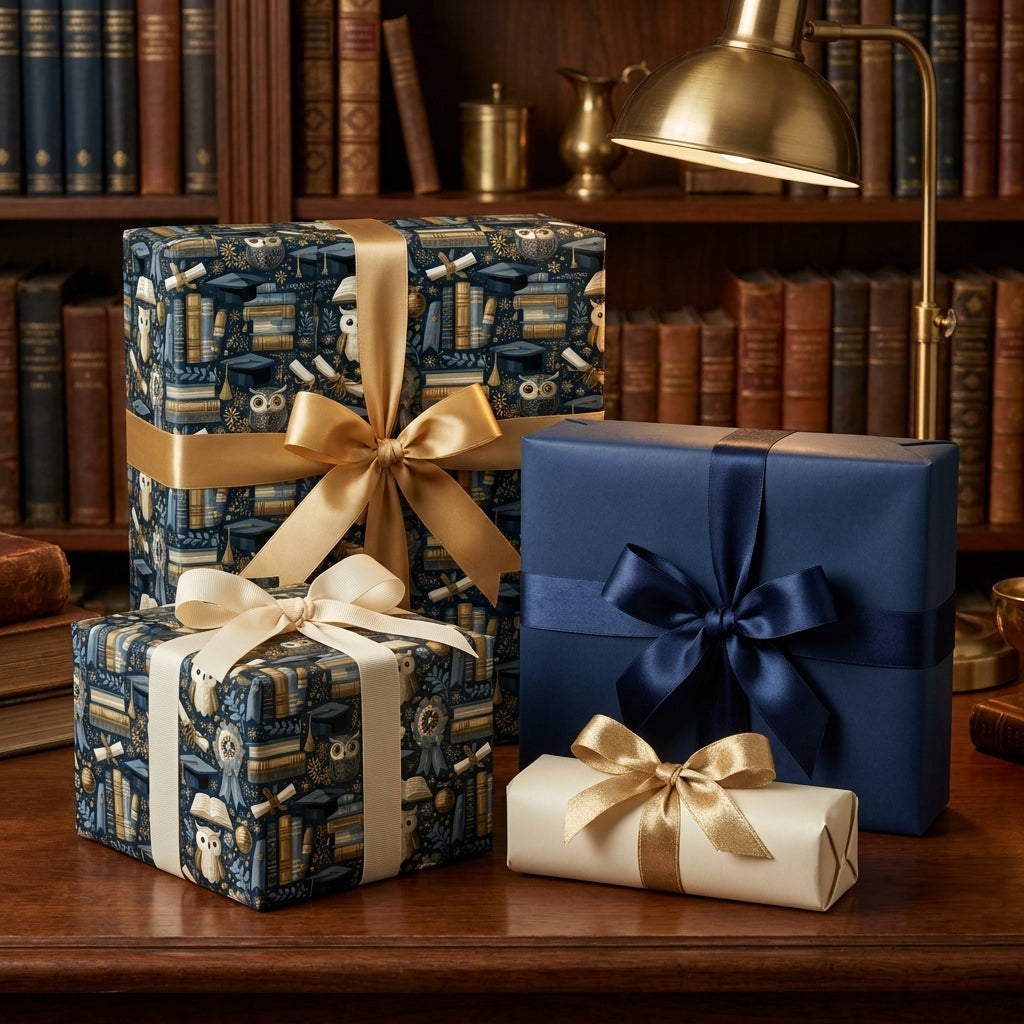 Wrapped Studios graduation gift wrap featuring owl and book patterns, tied with elegant satin ribbons on a library desk.