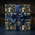 Square graduation gift box with navy blue ribbon, owl and book pattern, and Class of 2024 tag by Wrapped Studios.