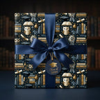 Square graduation gift box with navy blue ribbon, owl and book pattern, and Class of 2024 tag by Wrapped Studios.