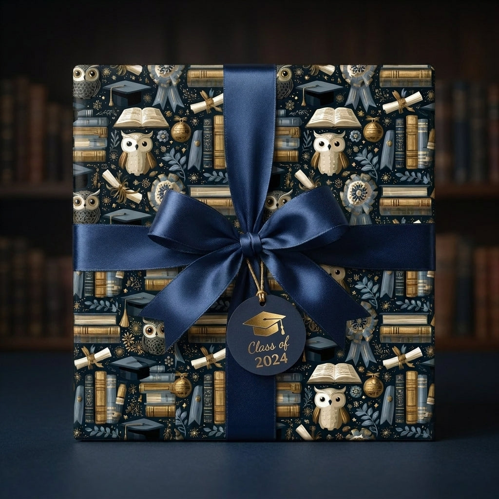 Square graduation gift box with navy blue ribbon, owl and book pattern, and Class of 2024 tag by Wrapped Studios.