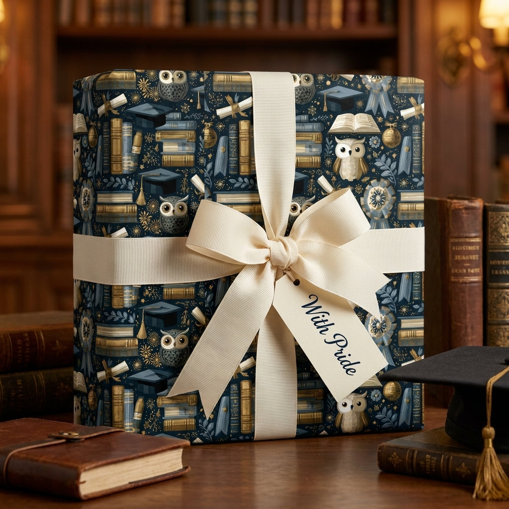 Academic-themed graduation wrapping paper featuring owls and books, tied with a cream ribbon by Wrapped Studios.