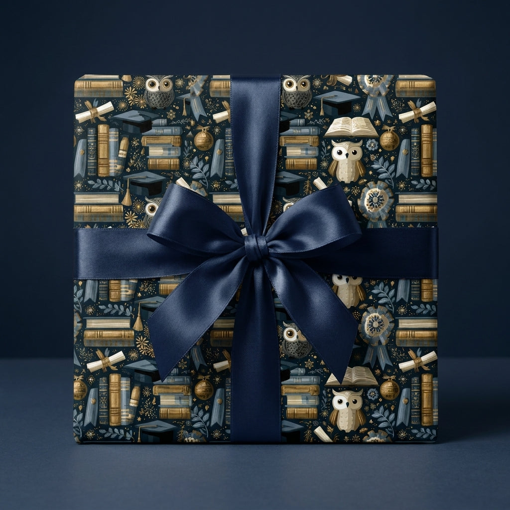 Luxury gift box wrapped in scholarly owl, book, and graduation cap paper with a deep blue satin ribbon by Wrapped Studios.