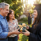 Parents gifting a graduate with academic-themed wrapping paper and a gold ribbon from Wrapped Studios.