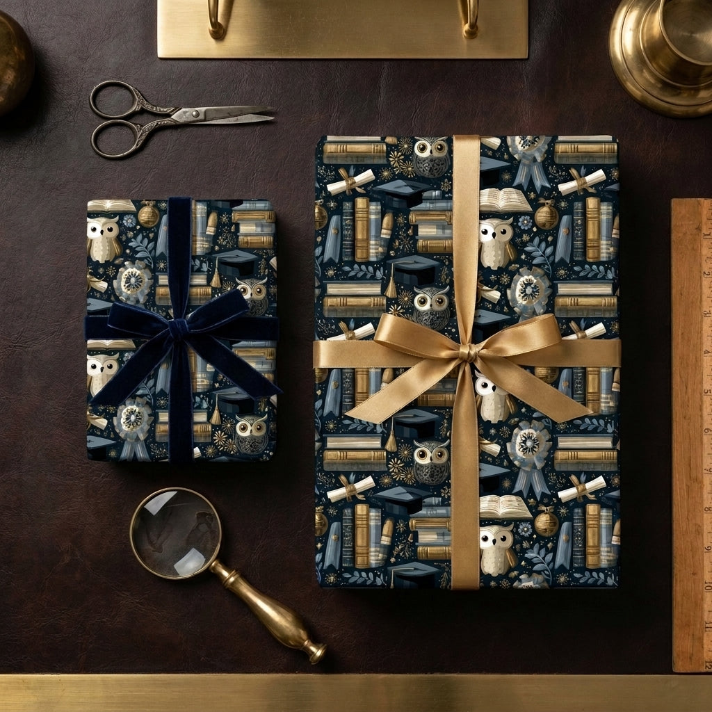 Graduation gift wrap by Wrapped Studios featuring an academic owl, book, and cap pattern in navy and gold.