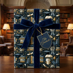 Luxury graduation gift wrap featuring owl and academic patterns with a navy velvet ribbon by Wrapped Studios.