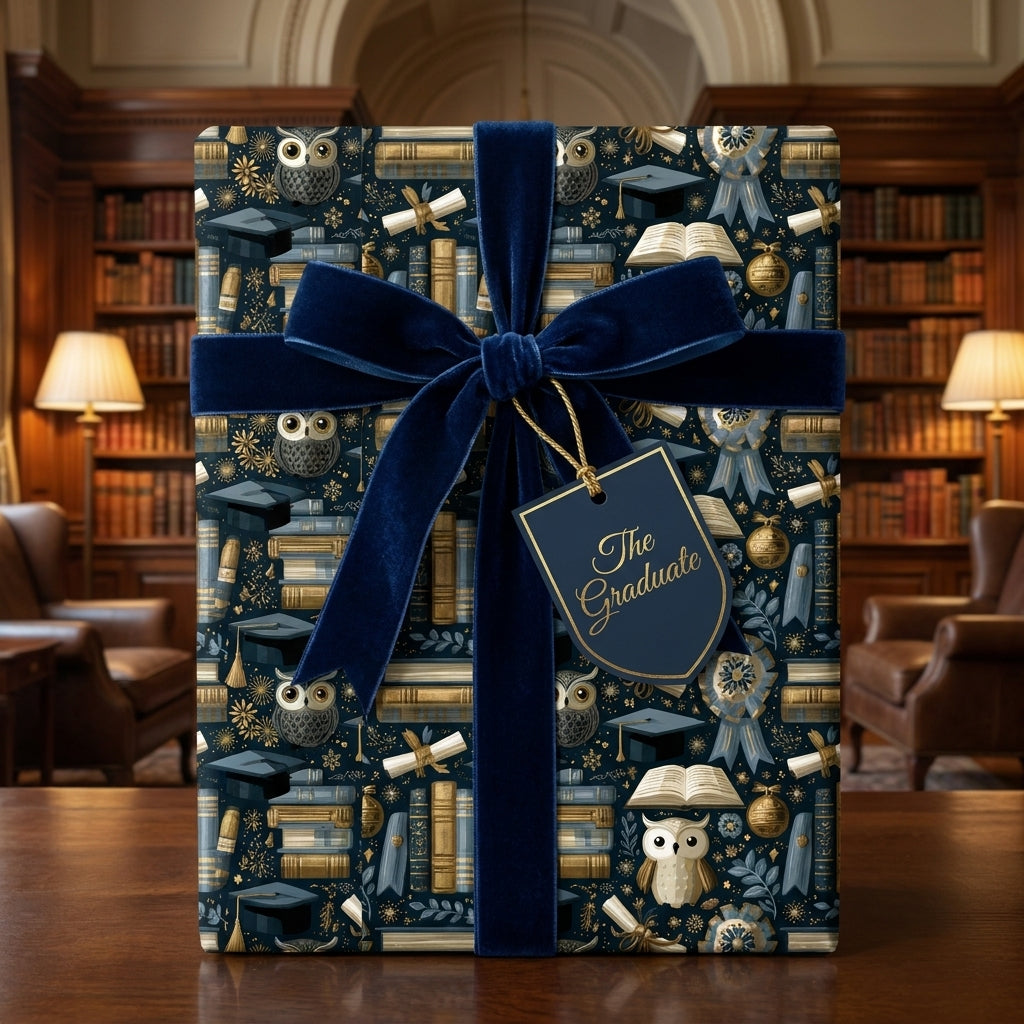 Luxury graduation gift wrap featuring owl and academic patterns with a navy velvet ribbon by Wrapped Studios.