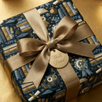 Luxury gift wrap featuring a blue academic owl and book pattern with a satin gold ribbon by Wrapped Studios.