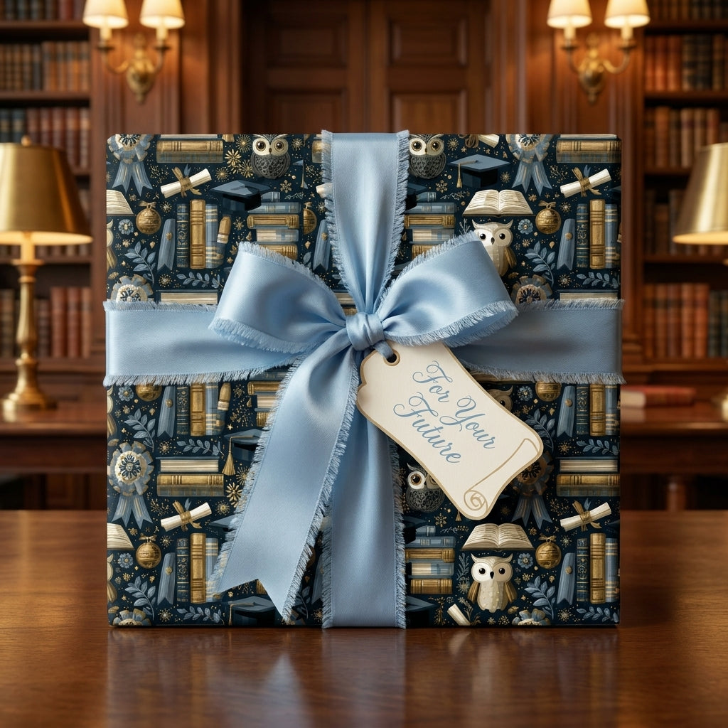 Graduation gift wrapped in scholarly blue owl pattern paper with a silk ribbon and "For Your Future" tag by Wrapped Studios.