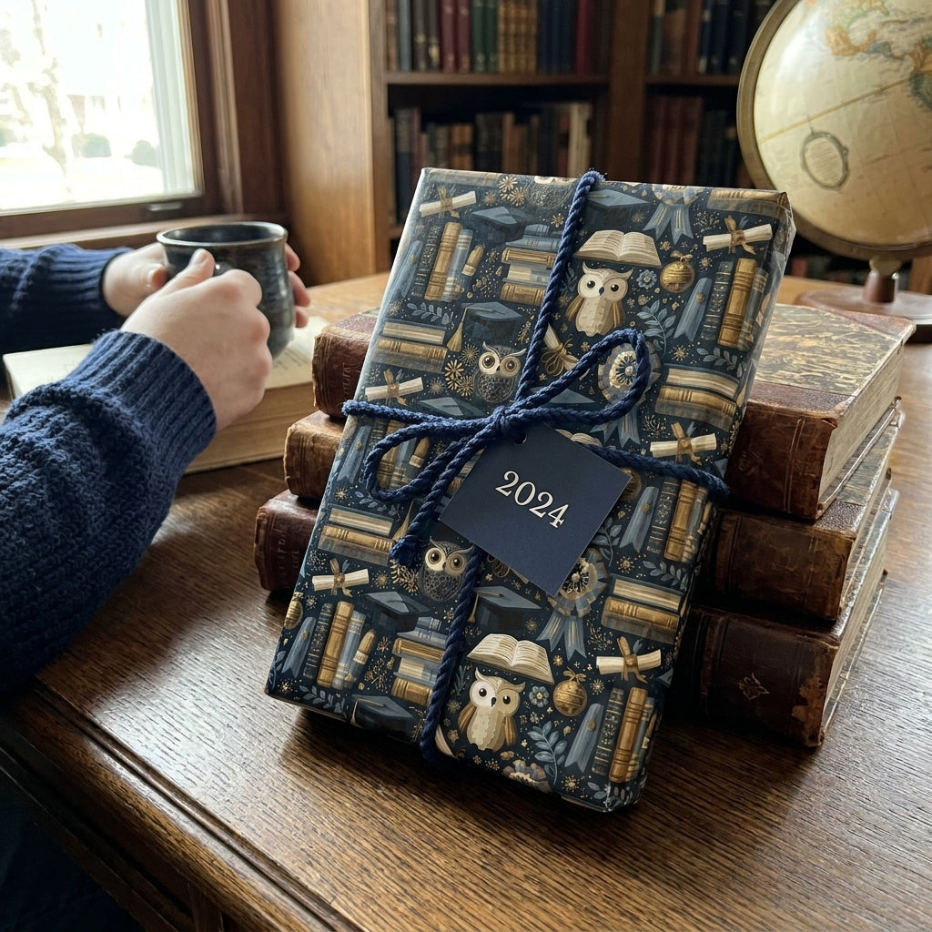 Academic-themed wrapping paper with owls and books on a gift, accented by a navy rope bow and 2024 tag by Wrapped Studios.