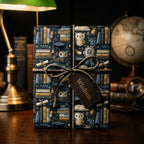 Academic wrapping paper featuring owls and books on navy blue, tied with twine and a "Wisdom" tag by Wrapped Studios.