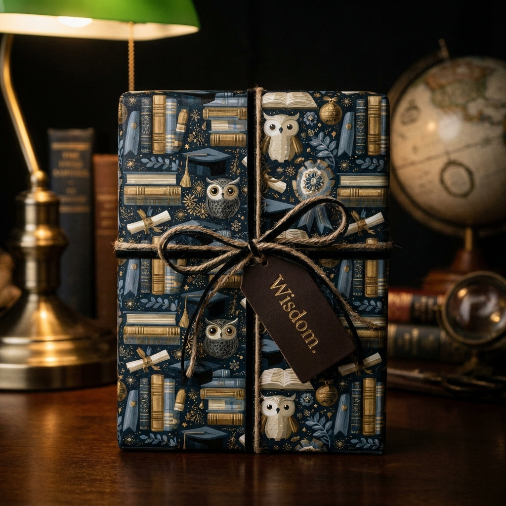Academic wrapping paper featuring owls and books on navy blue, tied with twine and a "Wisdom" tag by Wrapped Studios.