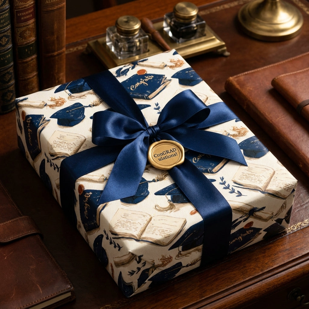 Elegant graduation wrapping paper with books and caps, tied with a navy satin bow by Wrapped Studios.