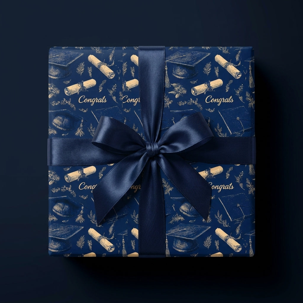 Navy blue graduation wrapping paper with gold caps and diplomas, tied with a satin bow by Wrapped Studios.
