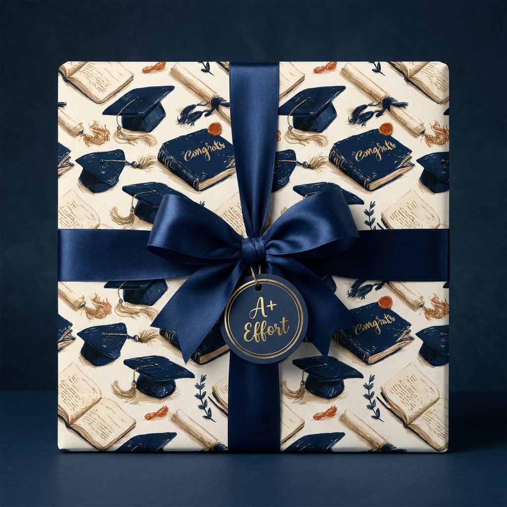 Graduation wrapping paper with navy blue caps and diplomas, tied with a satin ribbon by Wrapped Studios.